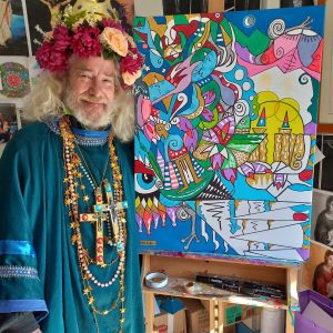 Fufi con una de sus obras