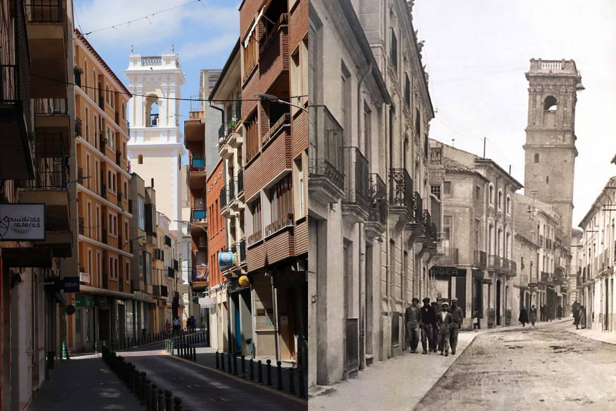 Torre del Reloj, tras los cambios del callejero de Almansa. Foto antigua de Almansa