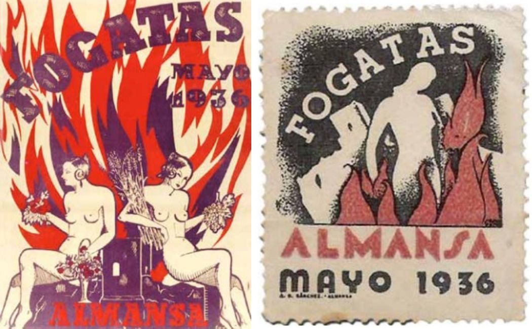Cartel y sello Fogatas Almansa 1936