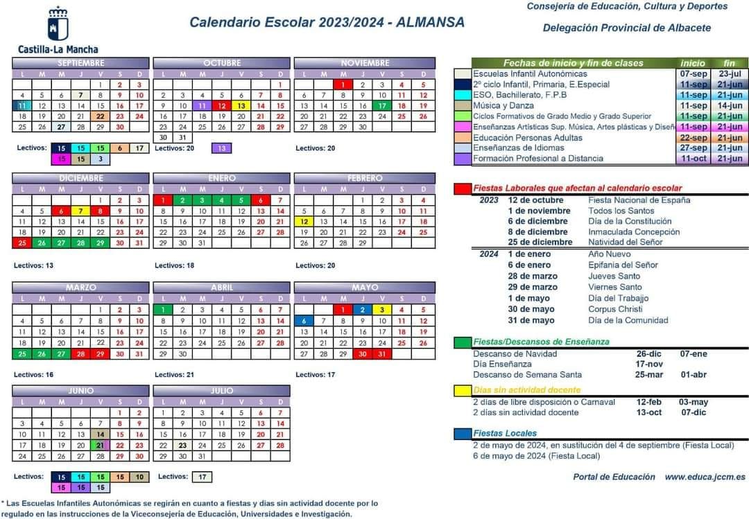 calendario escolar y festivos de Almansa