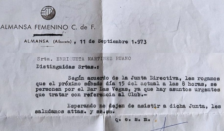 Carta junta directiva Almansa Femenino fútbol