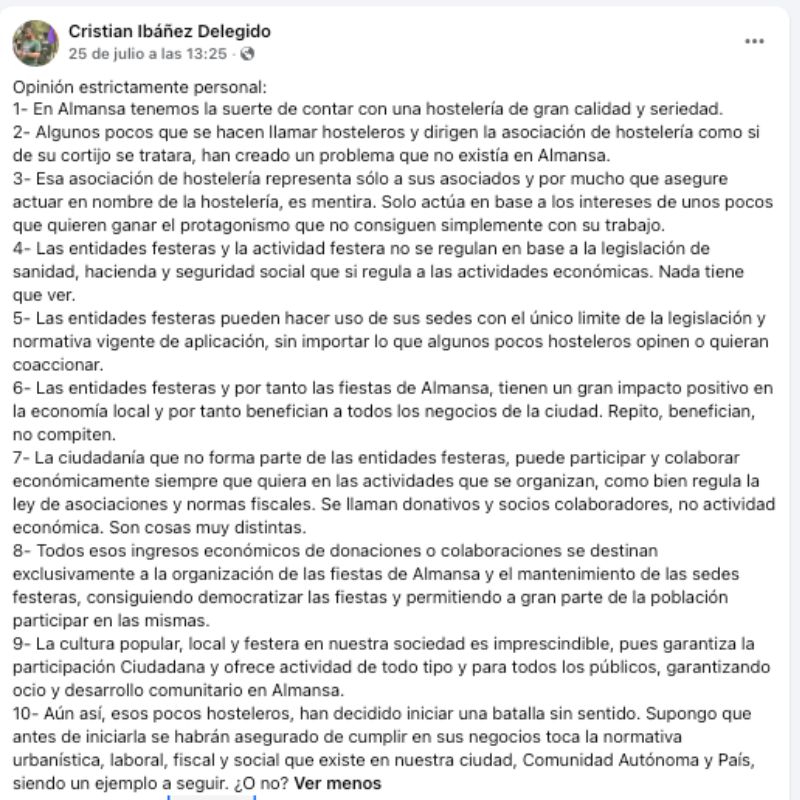 opinión cristian ibáñez conflicto hostelería fiestas Almansa